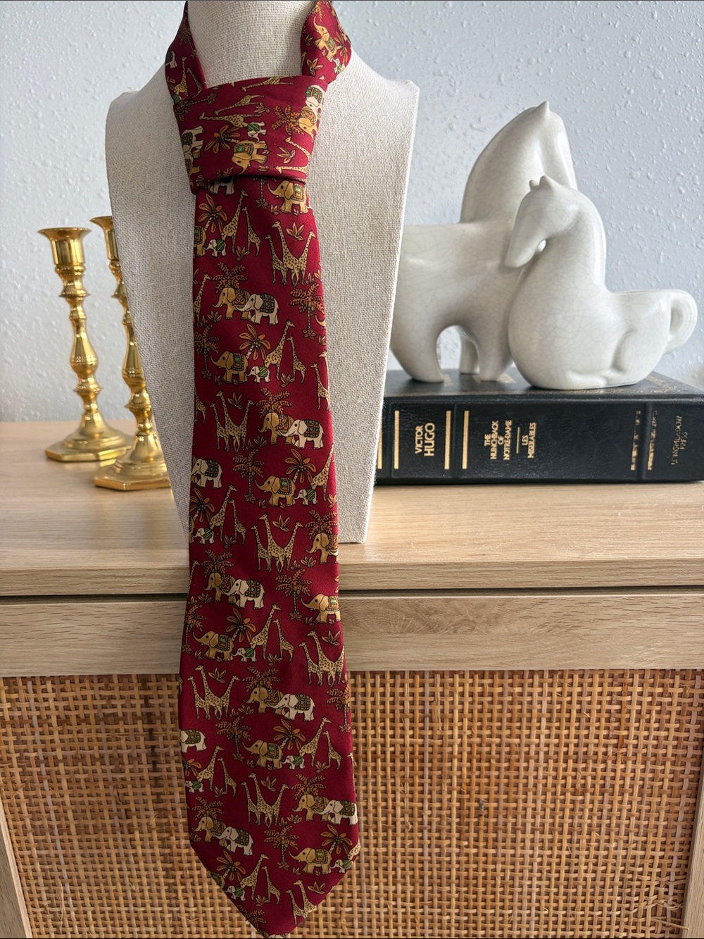 Salvatore Ferragamo Red Tie with Gold Safari Animal Motif